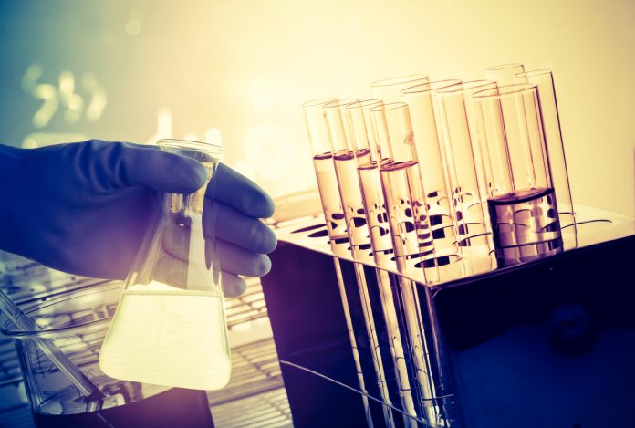 Flask in scientist hand with test tube in rack