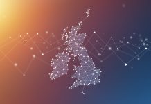 United Kingdom map geometric network polygon graphic background.