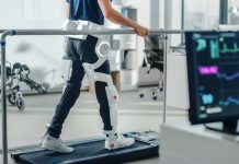 Modern Hospital Physical Therapy: Patient with Injury Walks on Treadmill Wearing Advanced Robotic Exoskeleton Legs. Physiotherapy Rehabilitation Technology to Make Disabled Person Walk. Focus on Legs