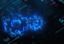 Digital gears icon hologram on future tech background. Productivity evolution. Futuristic gears icon in world of technological progress and innovation. CGI 3D render