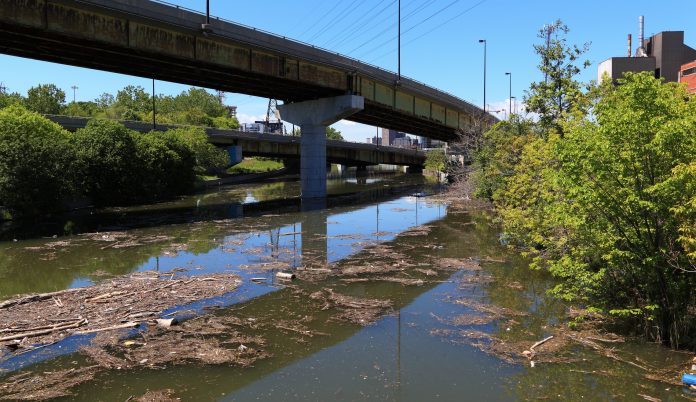 Garbage and debris pollute this waterway under an overpass.