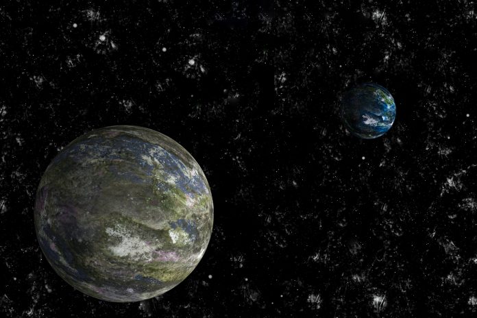 Two realistic planets in the cosmos (3D illustration)