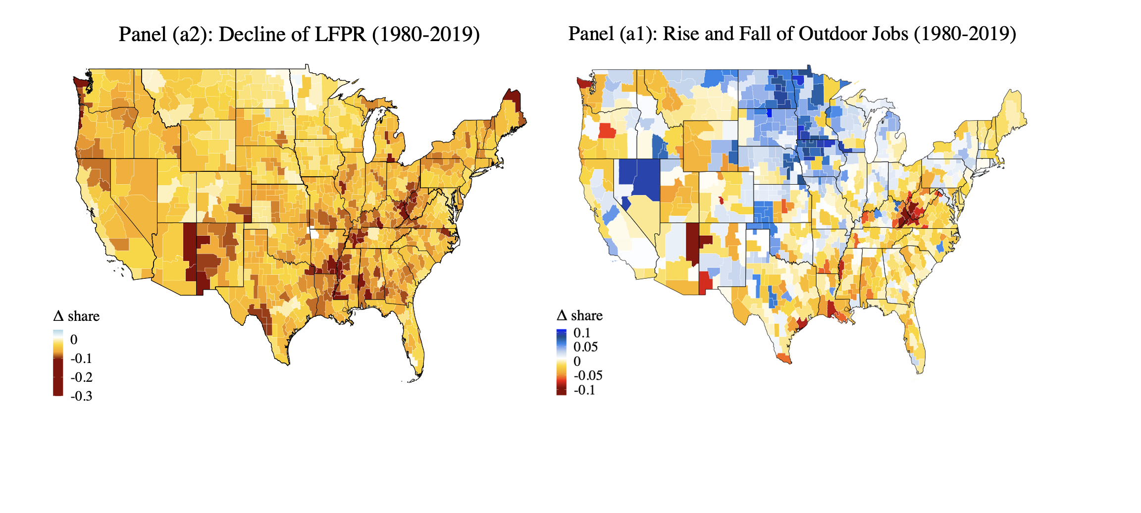 Note: The population share of outdoor jobs and the LFPR are computed in prime-age male samples in the 1980 Census and the 2018-2019 American Community Survey. Outdoor jobs are imputed as sample weights multiplied by the share of workers who work outdoors at least weekly, as identified by the O*NET Work Context Survey.