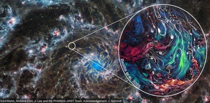 Low-Res_Art_Beattie_GalaxyCombined This composite image combines observations from the NASA/ESA/CSA James Webb Space Telescope of the Phantom Galaxy (M74) with a high-resolution simulation of galactic turbulence. The simulation from this study — zoomed into a small patch of the galaxy’s interstellar medium — reveals extremely high-resolution chaotic motions of plasma that regulate star formation, structure formation, and the magnetic field across the galactic scales. An international team of scientists have developed the world’s largest-ever simulations of magnetized turbulence and measured — with unprecedented precision — how turbulent energy moves across a vast range of scales. By simulating galactic-type turbulence in exquisite detail, the researchers found significant departures from the models that have guided astrophysical theory for decades. The findings could reshape how scientists understand the turbulent structure of the Galaxy, the transport of high-energy particles, and even the birth of stars. In practical terms, understanding and properly modeling turbulence and the production of highly energetic particles can shed light on how to safely navigate space, at a time when commercial space flight is growing and attracting the interest of civilians and celebrities alike. Credit Credit: ESA/Webb, NASA & CSA, J. Lee and the PHANGS-JWST Team; Acknowledgement: J. Schmidt; Simulation: J. Beattie.