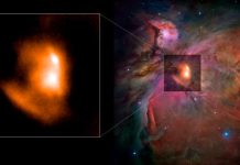 The left panel shows the image of the nebula M42 taken at 90 GHz with the MISTRAL receiver. On the right, an overlay of the MISTRAL image with a wider-field image obtained by the Hubble Space Telescope Credit MISTRAL commissioning team; NASA, ESA, and The Hubble Heritage Team (STScI/AURA)