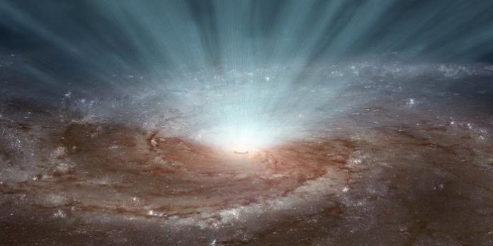 Low-Res_kosmisk-straling-foto-nasa-jpl-caltech Supermassive black holes at the centers of galaxies emit radiation and ultra-fast winds into space. Here is an artistic interpretation. Credit Illustration: NASA, JPL-Caltech
