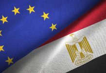 Egypt and European Union two flags together realations textile cloth fabric texture