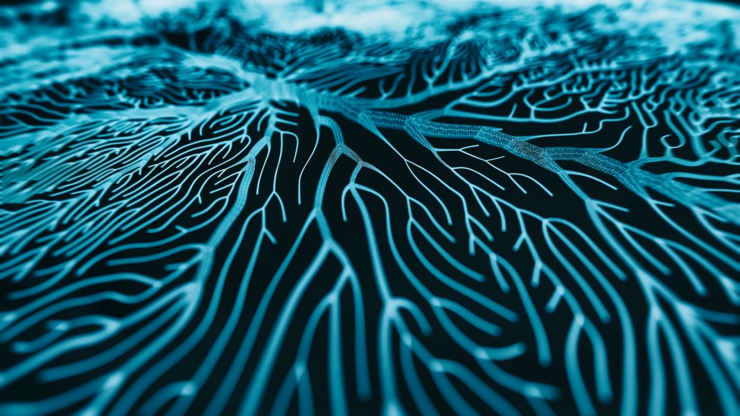 Neuron cells system - 3d rendered image of Neuron cell network on black background. Hologram view interconnected neurons cells with electrical pulses. Conceptual medical image. Glowing synapse. Healthcare concept.
