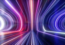 3d rendering, abstract cosmic background, ultra violet neon rays, glowing lines, cyber network, speed of light, space-time continuum