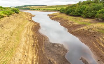 Leighton Reservoir in Nidderdale, North Yorkshire, UK, with very low water levels following a prolonged heatwave and no rainfall.