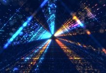 Flying through the futuristic tunnel. Abstract 3D animation. Data Network, Virtual Reality, Quantum. The concept of illuminated corridor, interior design, spaceship, Galaxy, science, lab, technology, science