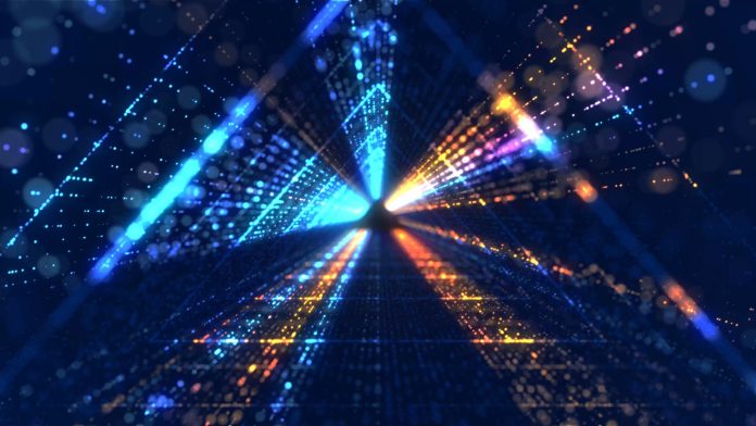 Flying through the futuristic tunnel. Abstract 3D animation. Data Network, Virtual Reality, Quantum. The concept of illuminated corridor, interior design, spaceship, Galaxy, science, lab, technology, science