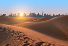 Dubai desert at sunset, United Arab Emirates.