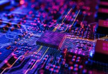 Neon Theme Visualization of Circuit Board CPU Processor Starting Digitalization Process and Information Computing, Processing a Lot of Data. Computer Graphics, Special Visual Effects, Image.