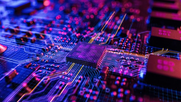 تجسم موضوع نئون پردازنده پردازنده CPU برد مدار شروع فرآیند دیجیتالی و محاسبات اطلاعات ، پردازش داده های زیادی. گرافیک رایانه ، جلوه های بصری ویژه ، تصویر.