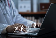 Doctor in a comfortable office using AI on laptop with infographics displayed
