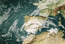 3D Render of a Topographic Map of the Iberian Peninsula with the clouds from October 29, 2024. Cut-Off Low (DANA) caused severe weather and flash floods in Eastern and Southern Spain. All source data is in the public domain. Cloud texture: Global Imagery Browse Services (GIBS) courtesy of NASA, VIIRS data courtesy of NOAA. https://www.earthdata.nasa.gov/eosdis/science-system-description/eosdis-components/gibs Color texture: Made with Natural Earth. http://www.naturalearthdata.com/downloads/10m-raster-data/10m-cross-blend-hypso/ Relief texture: GMTED 2010 data courtesy of USGS. URL of source image: https://topotools.cr.usgs.gov/gmted_viewer/viewer.htm Water texture: SRTM Water Body SWDB: https://dds.cr.usgs.gov/srtm/version2_1/SWBD/