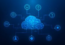 cloud computing big data storage cyber security protection system digital technology background. Artificial Intelligence cloud database network online connection.