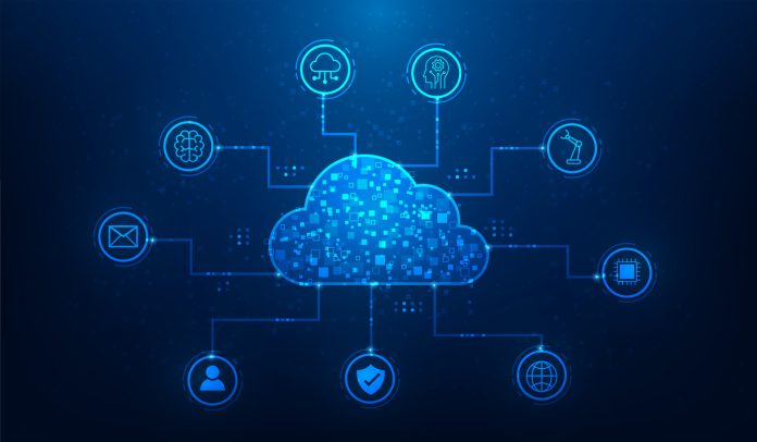 cloud computing big data storage cyber security protection system digital technology background. Artificial Intelligence cloud database network online connection.