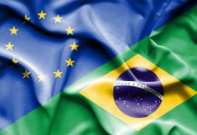 Waving flag of Brazil and EU