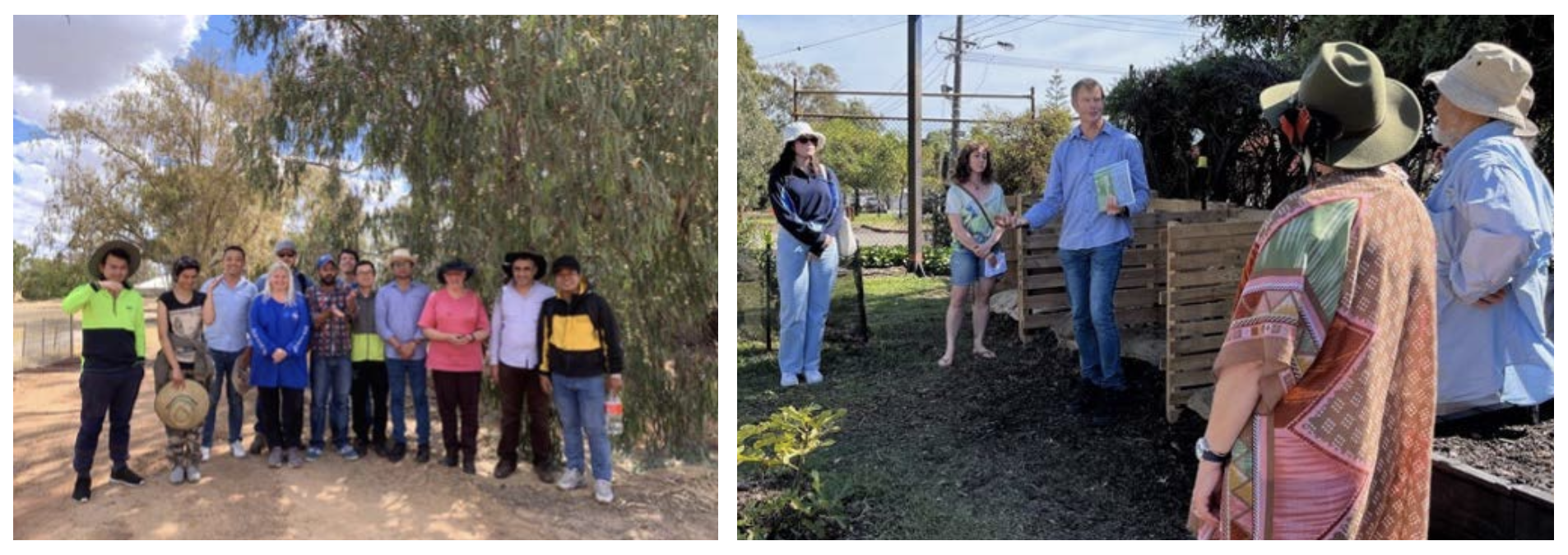 FIGURE 4. Volunteer students and staff participated in the establishment of the field demonstration site at UWA Farm (left), and urban landcare enthusiasts are implementing similar permeable biomass barriers at a city community food forest as part of their sustainability program within the Town of Vincent, Western Australia (right).