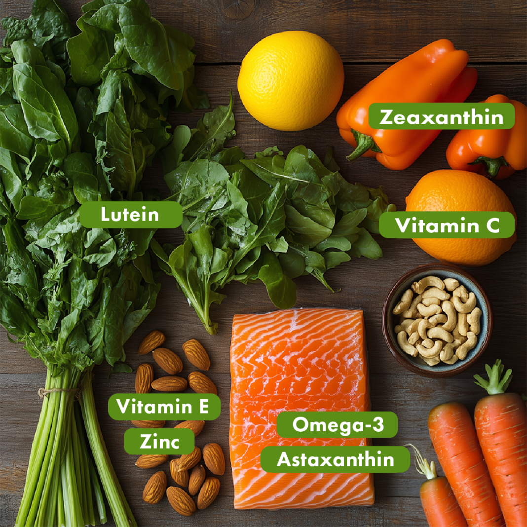 Figure 1: Ocular nutrients, including carotenoids, healthy fats, antioxidant vitamins and minerals can be found in leafy greens, bell peppers, citrus, nuts, and wild salmon.