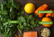 Figure 1: Ocular nutrients, including carotenoids, healthy fats, antioxidant vitamins and minerals can be found in leafy greens, bell peppers, citrus, nuts, and wild salmon.