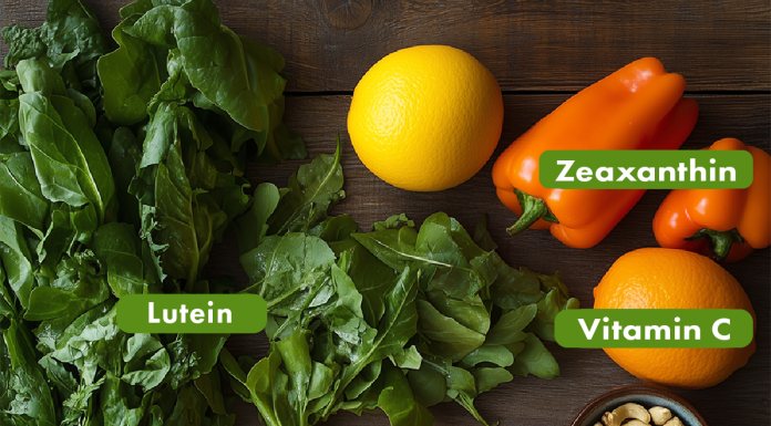 Figure 1: Ocular nutrients, including carotenoids, healthy fats, antioxidant vitamins and minerals can be found in leafy greens, bell peppers, citrus, nuts, and wild salmon.