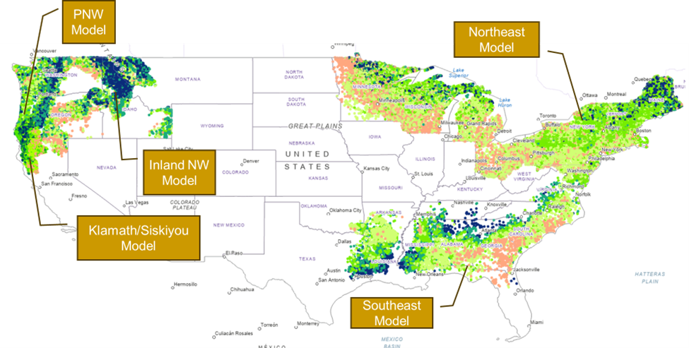 Figure 2. Forest carrying capacity (SDImax) model footprints for the United States.