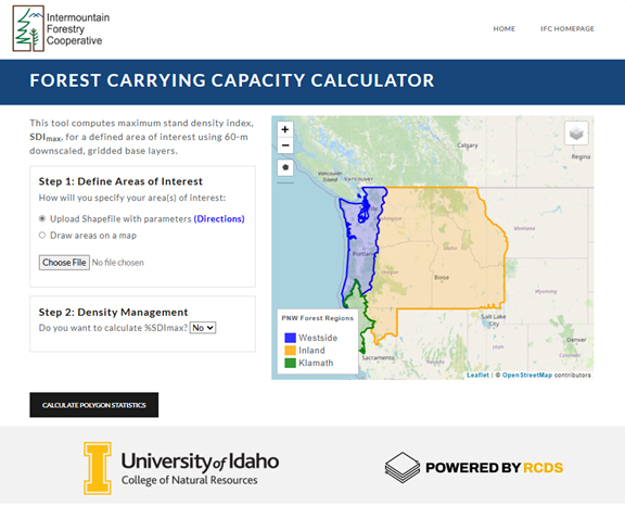 Figure 3. University of Idaho – IFC web application for estimating forest carrying capacity across the Pacific Northwest.
