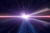 Light speed travel time warp traveling in outer space galaxy. Cosmic explosion