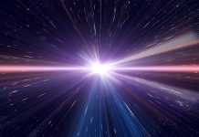Light speed travel time warp traveling in outer space galaxy. Cosmic explosion