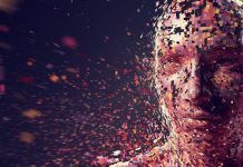 An abstract image of a large amount of multi-coloured squares in mid air moving at speed, with motion blur, to form a head looking towards the left side of the image. Could be used to illustrate many concepts including: AI, neuroscience, technology, creativity.
