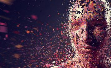 An abstract image of a large amount of multi-coloured squares in mid air moving at speed, with motion blur, to form a head looking towards the left side of the image. Could be used to illustrate many concepts including: AI, neuroscience, technology, creativity.