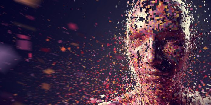 An abstract image of a large amount of multi-coloured squares in mid air moving at speed, with motion blur, to form a head looking towards the left side of the image. Could be used to illustrate many concepts including: AI, neuroscience, technology, creativity.