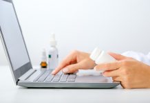 Woman Choosing Medication Online Pharmac. Purchase of drugs and medicine online.