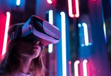 Vr headset. A woman looks around in virtual reality. Technological device for content consumption