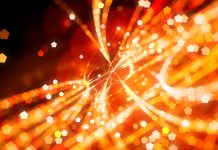 Fiery glowing trajectories with particles, computer generated abstract background, 3D rendering
