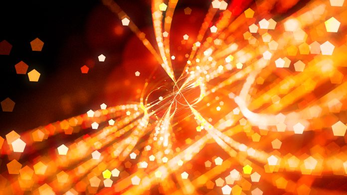 Fiery glowing trajectories with particles, computer generated abstract background, 3D rendering