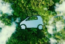 Concept depicting new possibilities for the development of electric and hybrid cars and the issue of ecological travel in the form of a car-shaped pond located in a lush forest. 3d rendering.