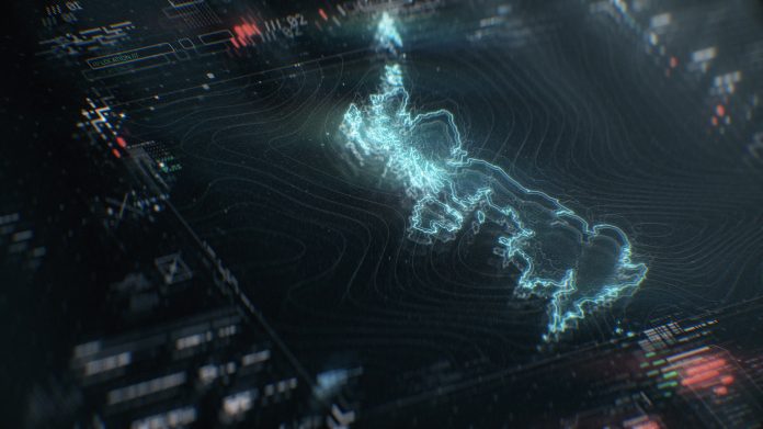 Futuristic map of United Kingdom infographics on digital screen