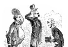 Illustration of a Britis cartoon caricatures illustrations - men in top hats bowing