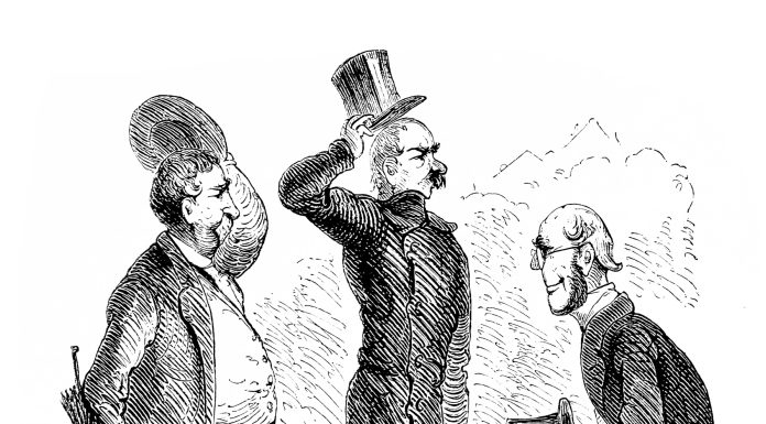 Illustration of a Britis cartoon caricatures illustrations - men in top hats bowing