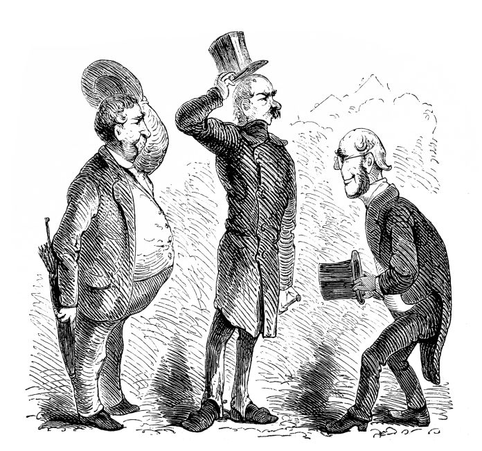 Illustration of a Britis cartoon caricatures illustrations - men in top hats bowing
