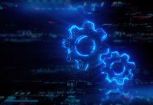 Digital gears icon hologram on future tech background. Productivity evolution. Futuristic gears icon in world of technological progress and innovation. CGI 3D render