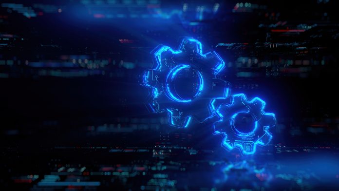 Digital gears icon hologram on future tech background. Productivity evolution. Futuristic gears icon in world of technological progress and innovation. CGI 3D render