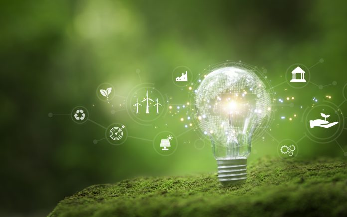 Renewable energy icon, light bulb style Renewable energy ideas for sustainable green business and for future business growth. and designing for reuse and environmental sustainability.