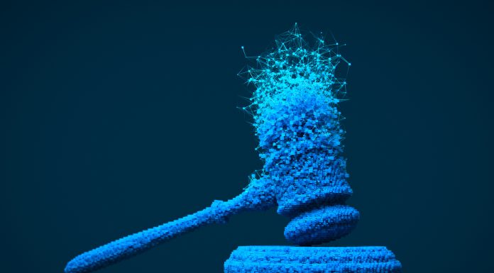 3D gavel with particles and connections.