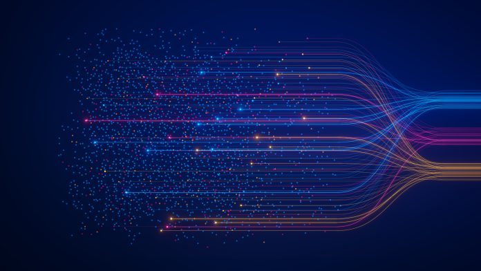 AI neural network analyzing big data. Machine learning and deep learning technology for artificial intelligence. Neurons connected to dataset. Data science, business analytics, automation illustration