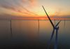 Wind turbines in the Noordoostpolder in Flevoland, The Netherlands, during springtime seen from above.